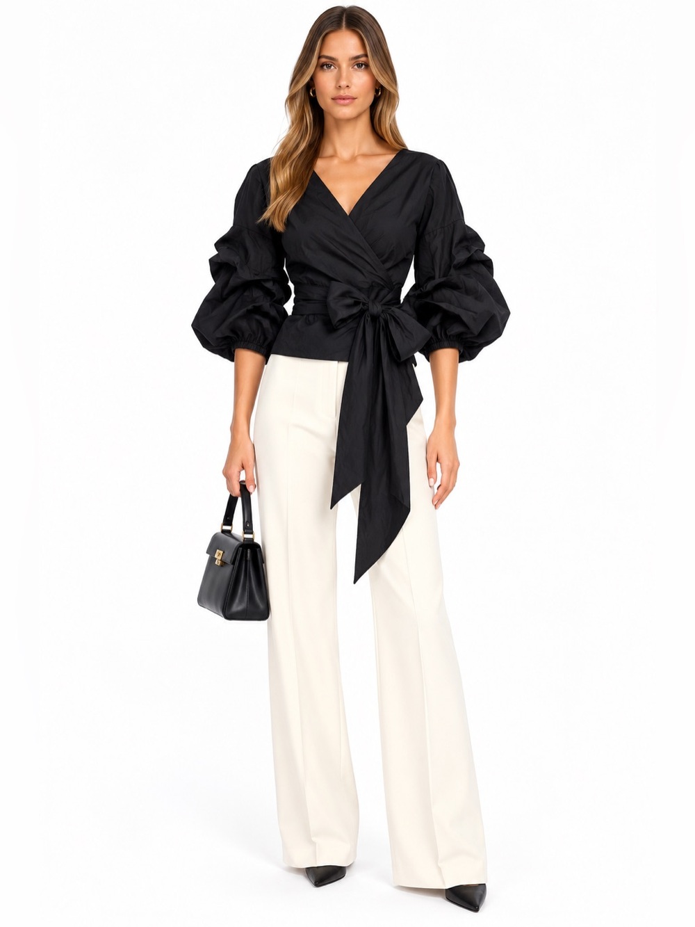 Chicwish Black Wrap Blouse Puff Sleeve Statement Bow Top Size L